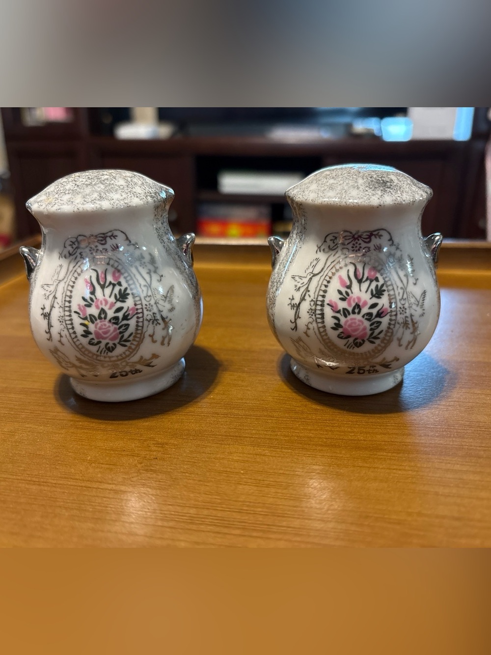 Vintage Enesco Japan 25th Silver Wedding Anni Porcelain Salt Pepper Shaker